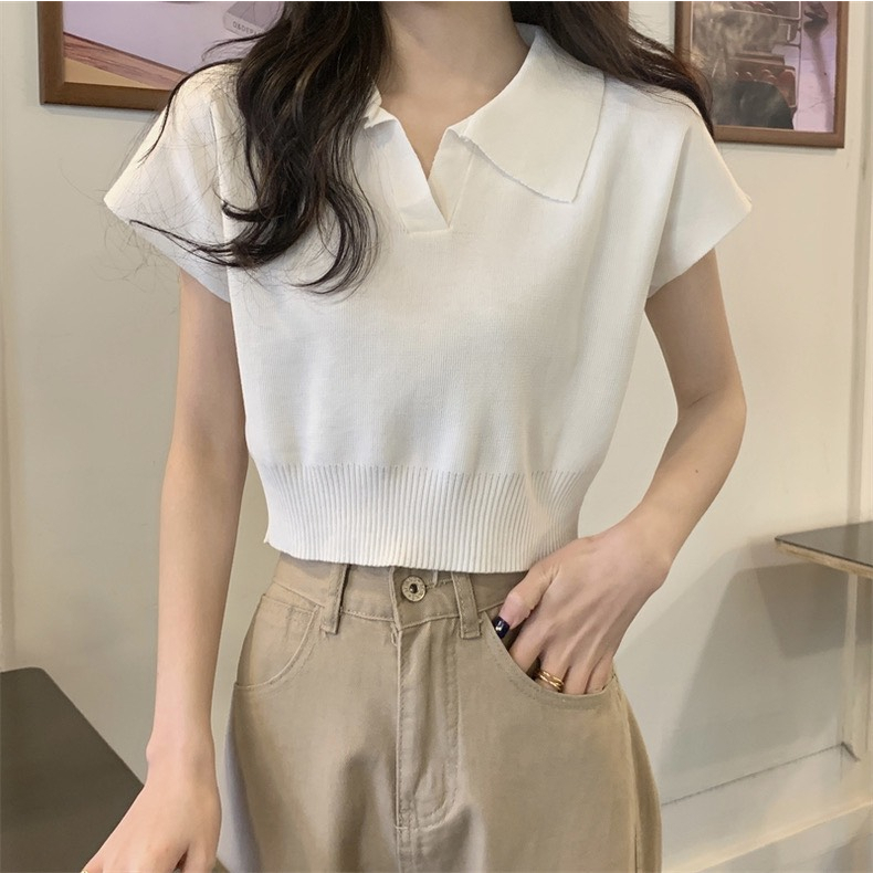 Áo polo croptop dáng ngắn, Áo len cộc tay mùa hè basic 4 màu thời trang CHOUCHOU