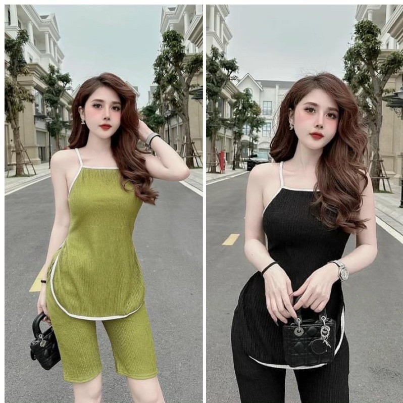 Set bộ áo dáng yếm hai dây sẻ eo mix quần đùi ôm ngắn đáng yêu phù hợp mặc nhà, đi chơi, đi dạo [530]