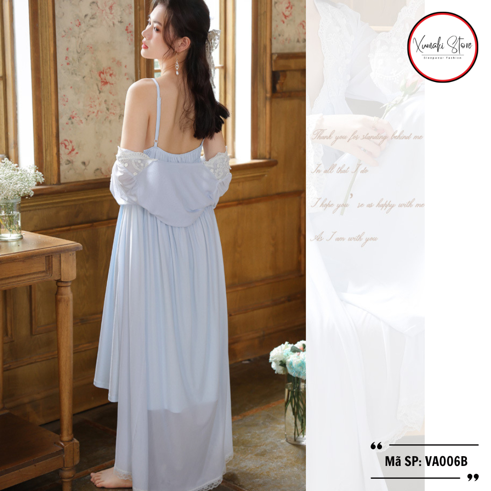 Set váy ngủ + áo choàng chất cotton cao cấp nhiều màu mix ren Xumaki Store VG004D