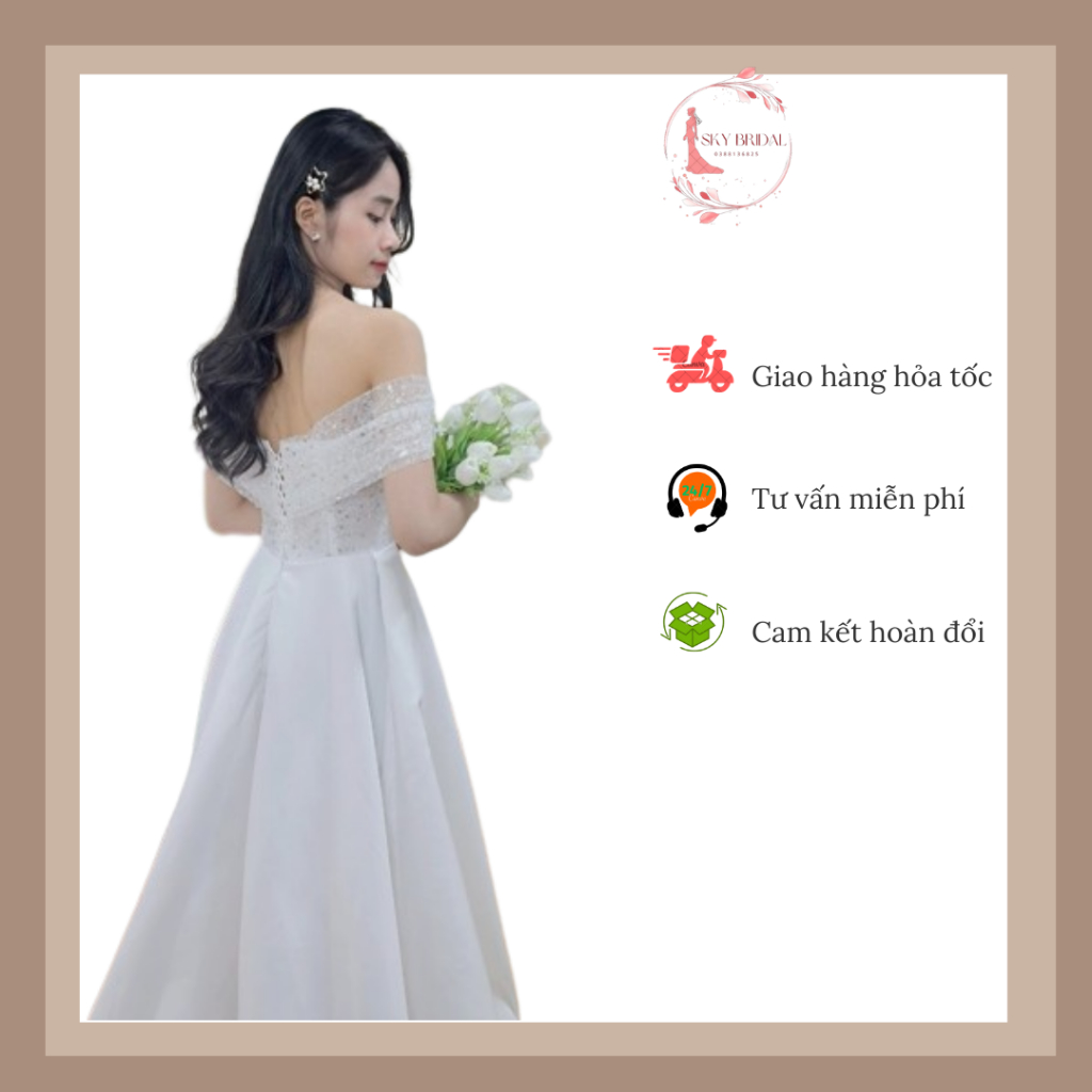 SKY Bridal Váy cưới trễ vai thân ren kim sa vảy dệt bling bling