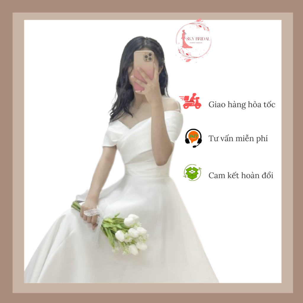 SKY Bridal Váy cưới trễ vai thân xếp thân siết eo