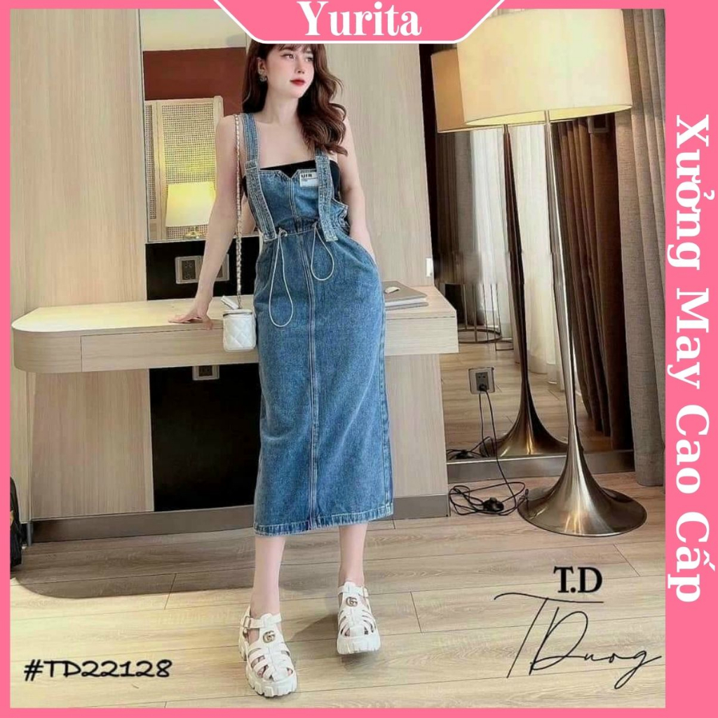Yếm Váy Jeans Nữ Yurita Chất Bò Phối 2 Túi Trước Kèm Dây Rút Eo Mang Phong Cách Ulzzang Hàn Quốc