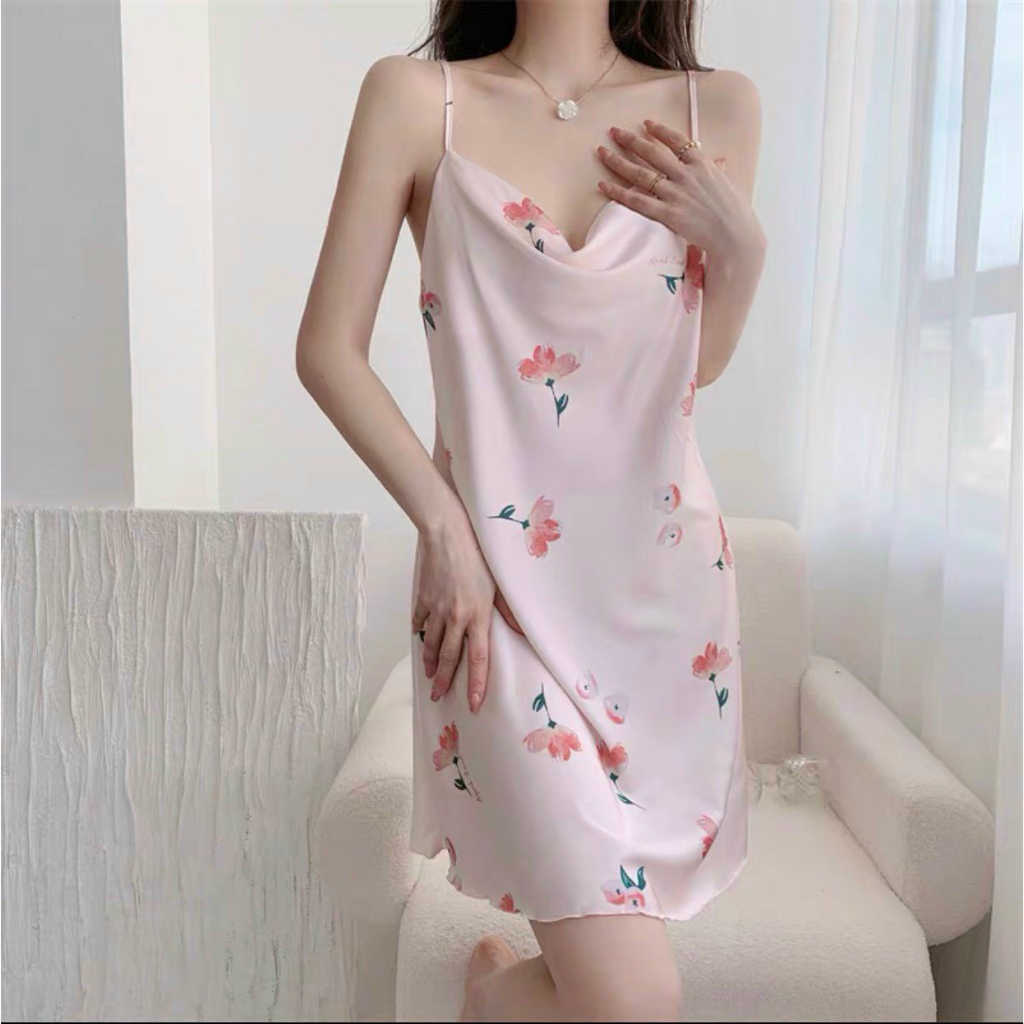 VÁY NGỦ LỤA CAO CẤP SANG CHẢNH SIZE 45KG - 60KG (HOA ĐỎ V5932)