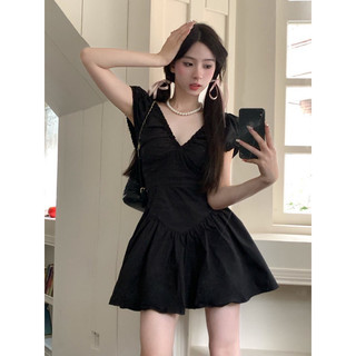 (Order) Đầm váy nữ tay chun phồng nhún ngực cổ v chiết eo chất thô phong cách Hàn Quốc hot trend ulzzang