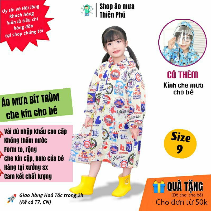 Áo Mưa Trẻ Em Cho Bé 5-8 tuổi bít kín hông, Có kính che mặt chắn nước mưa, Vải dù cao cấp, Size số 9 -Thiên Phú Raincoat