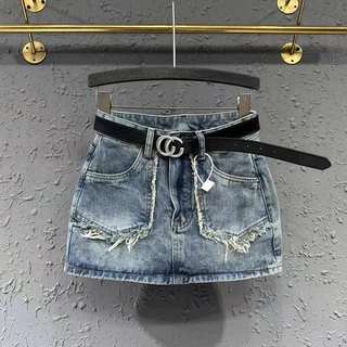 Chân váy jeans viền cắt tua kèm đai siêu xinh hàng QC loại 1 có nót - chân váy bò túi tua dua