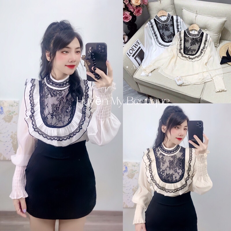 Áo sơ mi công sở nữ bánh bèo tay dài bo chun phối ren sang chảnh mặc đi làm đi chơi