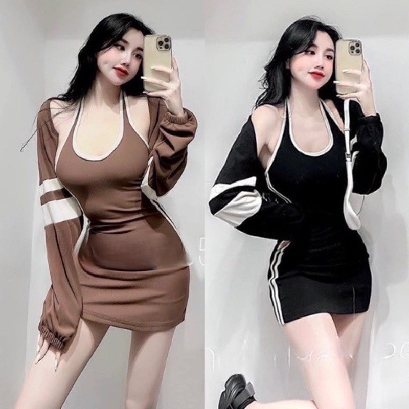 Sét đầm yếm viền màu ôm body ngắn phối áo khoác tay dài 2 vòng màu tay cực hot , chất thun gân dày dặn