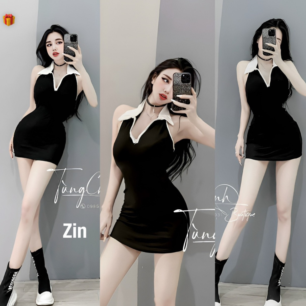 Đầm cổ bẻ sát nách ôm body dáng ngắn hở lưng cực hot , chất thun gân dày dặn
