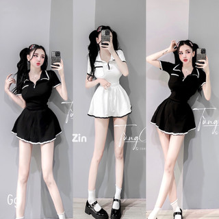 Sét áo cổ bẻ viền màu 1 túi trước phối chân váy xòe viền dưới cực hot , chất thun gân mềm mịn