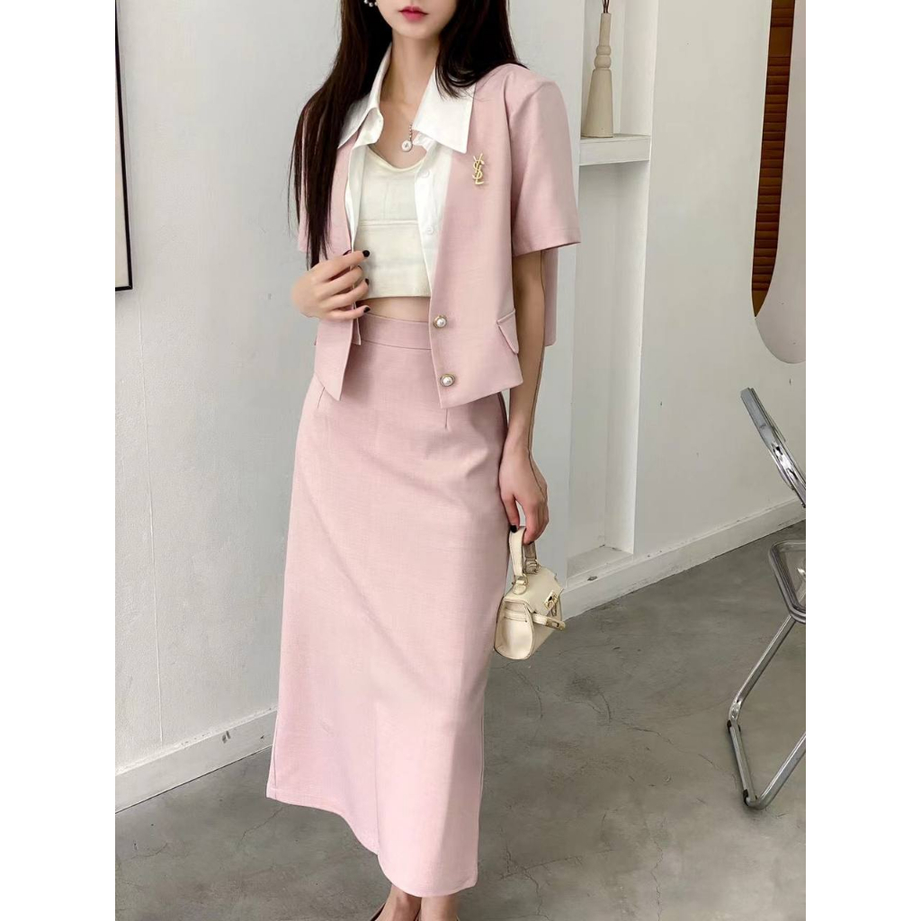 Set Đồ Nữ Áo Khoác Vest Blazer Ngắn Tay, Chân Váy Dài Chữ A Dáng Suông Lưng Cao Kiểu Hàn Quốc Set Đồ Nữ Đi Chơi SD361