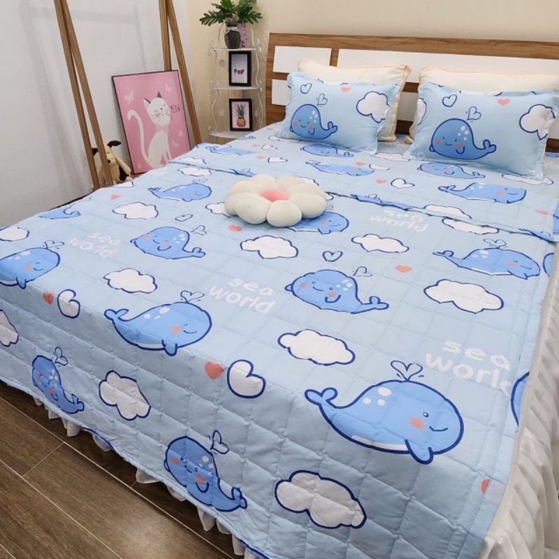 Bộ ga giường cotton poly đủ kích thước / bộ drap bo chun hình cá voi xanh