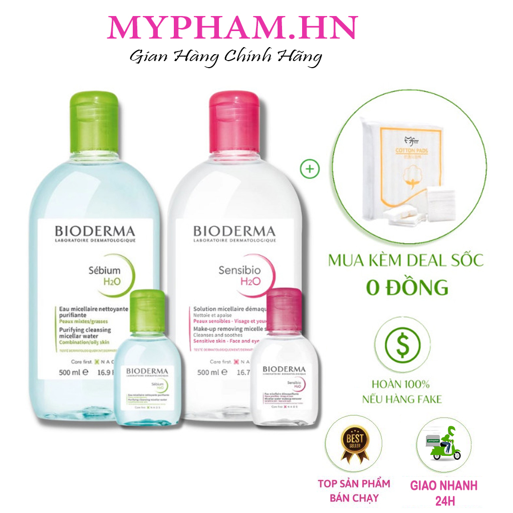 Nước Tẩy Trang Bioderma Crealine H2O Nắp Nhấn Màu Hồng (mọi loại da) , nắp nhấn xanh (da dầu , mụn) 500ml- mypham.hn1
