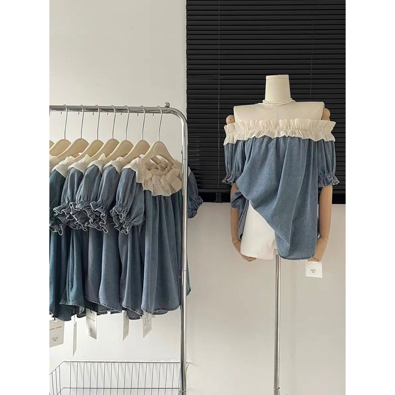 ÁO TRỄ VAI TAY NGẮN DENIM XANH ĐẬm BÈO NHÚN TIỂU THƯ QUẢNG CHÂU-SẴN