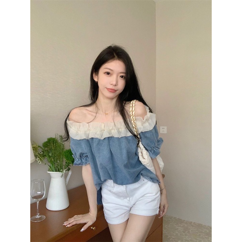 ÁO TRỄ VAI TAY NGẮN DENIM XANH ĐẬm BÈO NHÚN TIỂU THƯ QUẢNG CHÂU-SẴN