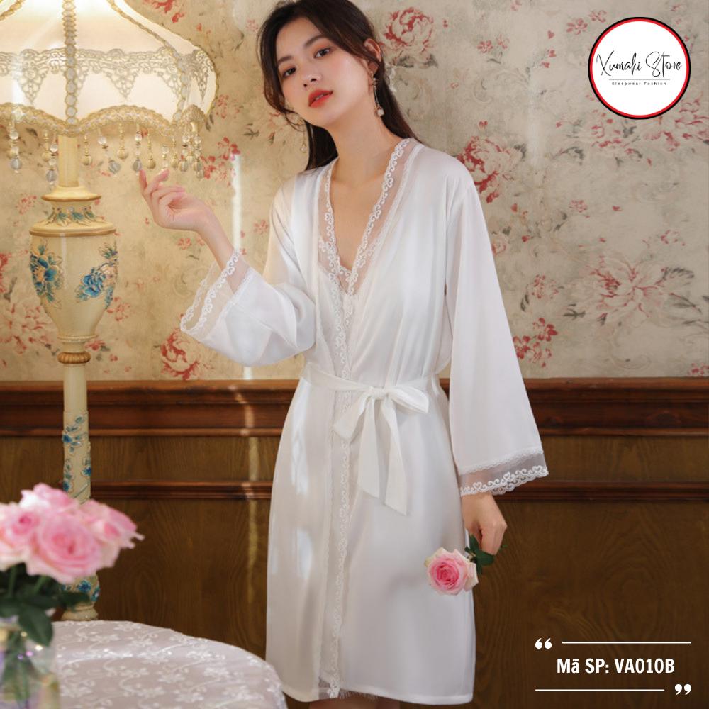 Set váy ngủ nữ + áo choàng chất lụa cao cấp dáng màu mix ren màu trắng Xumaki Store VA010B