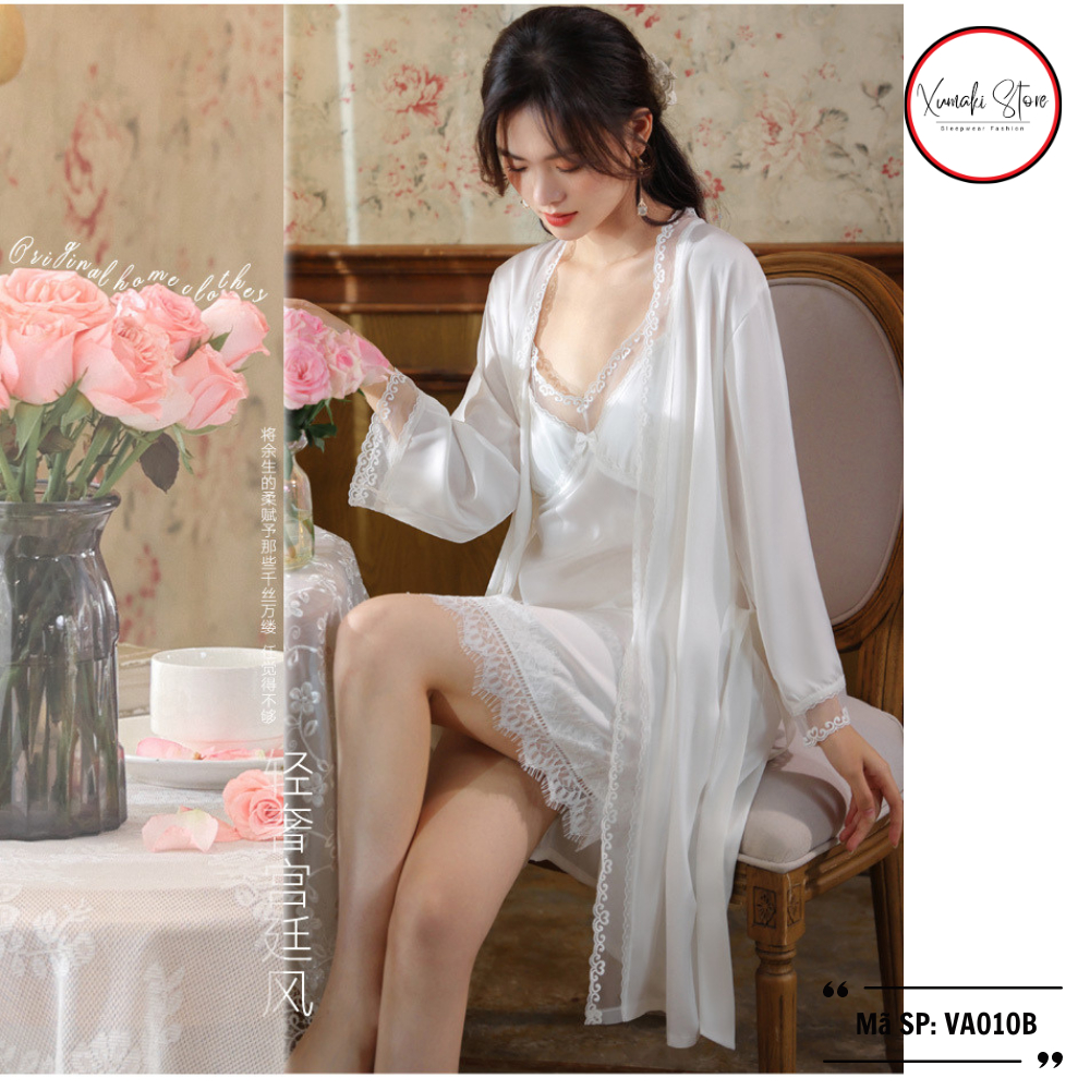 Set váy ngủ nữ + áo choàng chất lụa cao cấp dáng màu mix ren màu trắng Xumaki Store VA010B