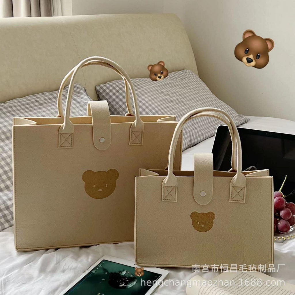 Túi xách nữ, túi vuông cầm tay hoạ tiết hình gấu màu trà sữa chất nỉ siêu cute phong cách hàn quốc (SẴN BUÔN SỈ)
