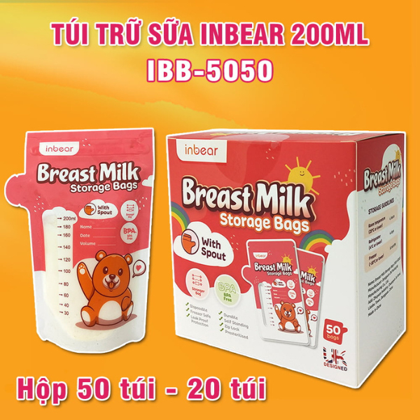 Túi Trữ Sữa Inbear dung tích chứa 200ml, hộp 20 - 50 cái có khóa zip và vòi dễ dàng đổ ra