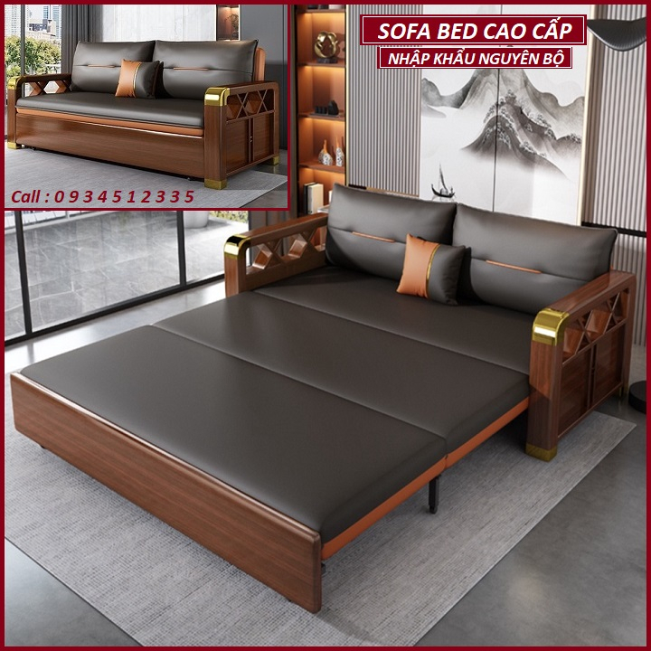 [Nhập Khẩu] Giường sofa đa năng ốp gỗ Sồi cao cấp. Ghế sofa giường có ngăn tủ để đồ. Nệm cao su non/xơ dừa cao cấp