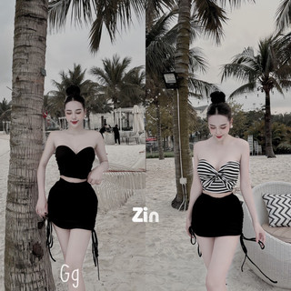 Set áo xoắn ngực có mút kèm chân váy rút 2 bên chất thun gân
