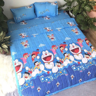 Set 5 món chăn ga gối cotton poly mẫu doremon chong chóng bay