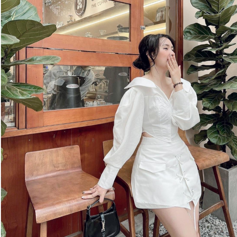 Set áo sơ mi Croptop cổ V phối chân váy ngắn dây đan chéo Thuỳ Ngô Thanh