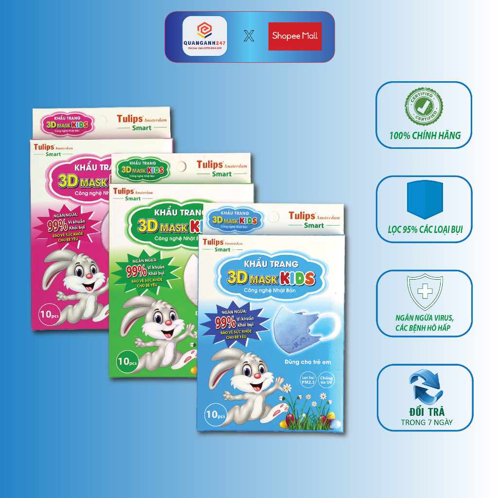 Thùng 200 cái khẩu trang kháng khuẩn 3D Kids cho bé 1-6 tuổi, chống bụi Tulips