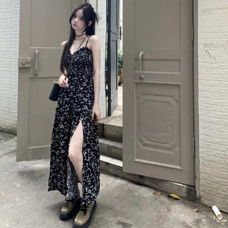 [ẢNH THẬT] SẴN Váy liền hai dây dáng dài xẻ tà màu đen hoa nhí vạt váy chữ A bồng bềnh phong cách tiểu thư vintage