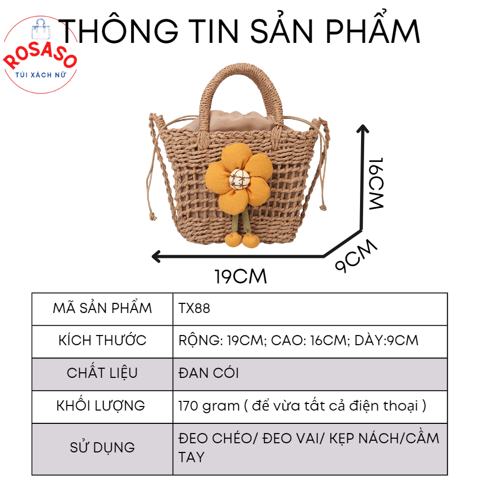 Túi xách nữ cói mini đi biển du lịch vintage đeo chéo cầm tay đẹp ROSASO TX88