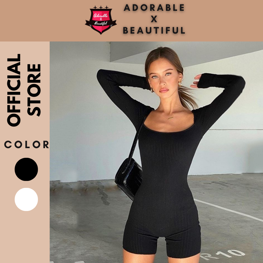 Jumpsuit thun gân tay dài cổ vuông mềm mại co giãn dễ mặc, bodysuit đen trắng basic