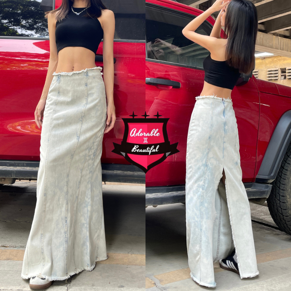 Chân Váy Jeans Dài Xẻ Xanh Nhạt Y2K Vintage, Váy Jeans Loang Dài Xẻ Sau Trendy