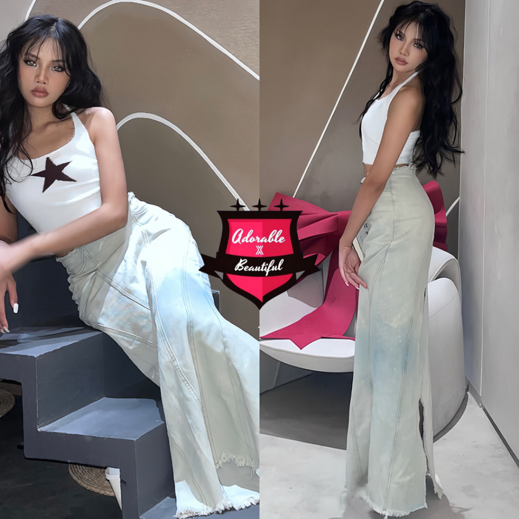 Chân Váy Jeans Dài Xẻ Xanh Nhạt Y2K Vintage, Váy Jeans Loang Dài Xẻ Sau Trendy