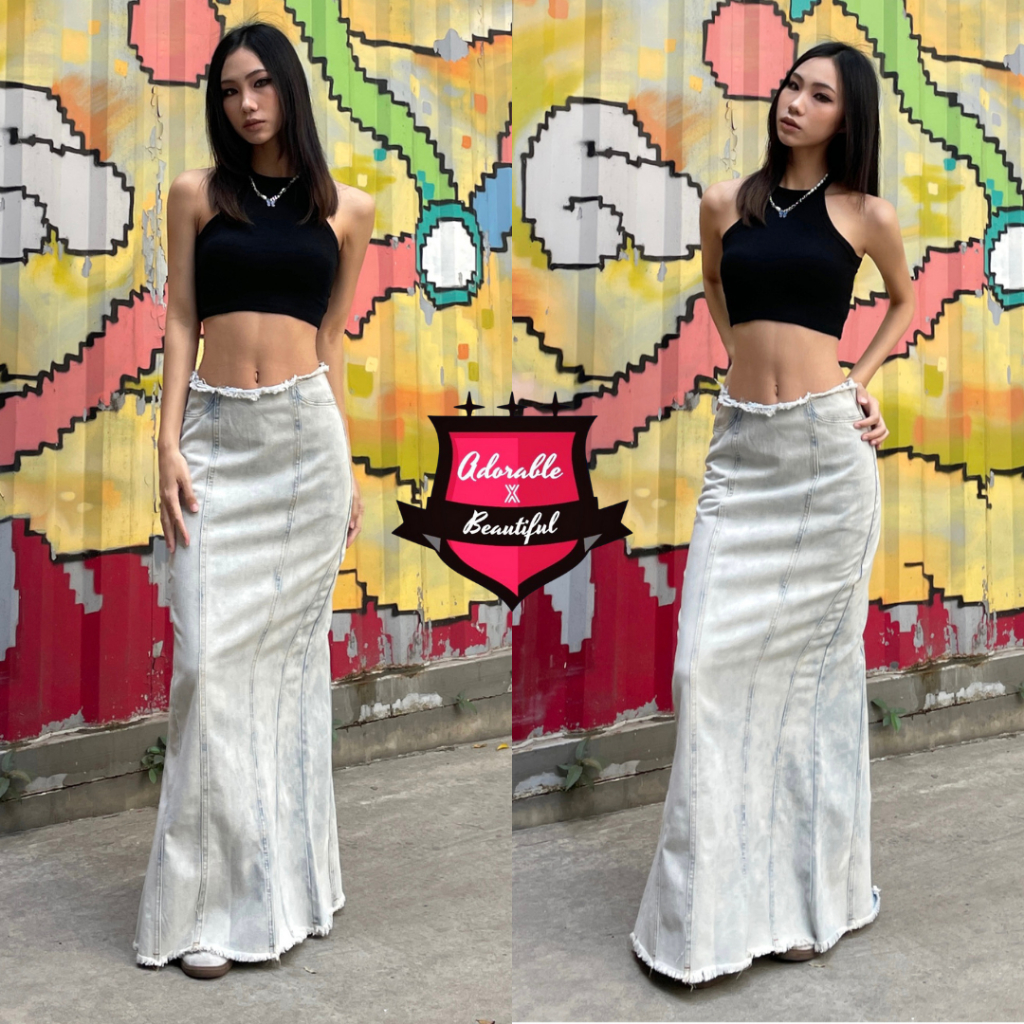 Chân Váy Jeans Dài Xẻ Xanh Nhạt Y2K Vintage, Váy Jeans Loang Dài Xẻ Sau Trendy