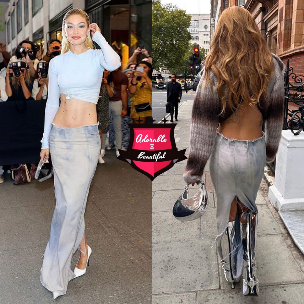 Chân Váy Jeans Dài Xẻ Xanh Nhạt Y2K Vintage, Váy Jeans Loang Dài Xẻ Sau Trendy