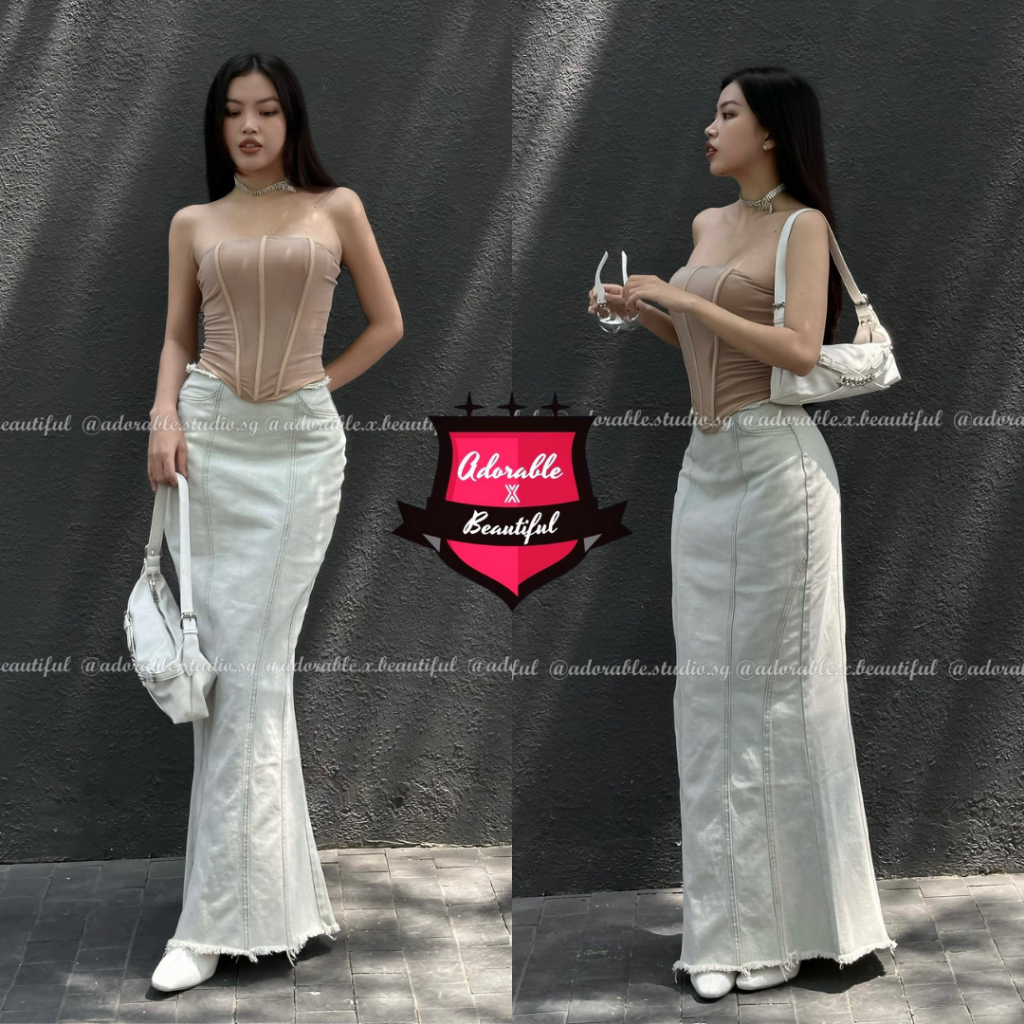 Chân Váy Jeans Dài Xẻ Xanh Nhạt Y2K Vintage, Váy Jeans Loang Dài Xẻ Sau Trendy