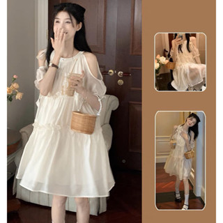 [ẢNH THẬT] SẴN Váy babydoll công chúa khoét vai ngắn tay bồng bềnh form chữ A vải voan hack dáng màu be công chúa