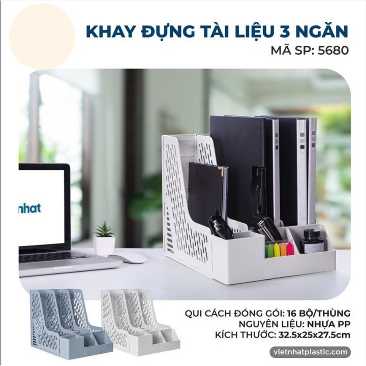 Giá đựng tài liệu 3 ngăn kèm khay để bút Việt Nhật (5680), Khay đựng hồ sơ tài liệu văn phòng để bàn