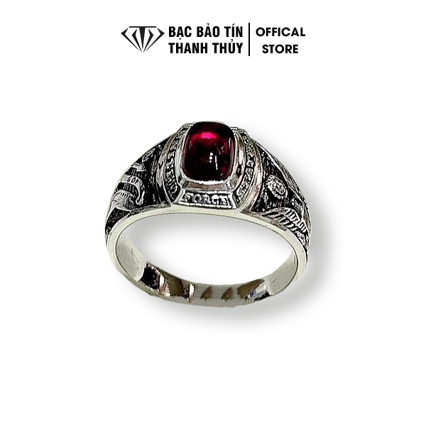 Nhẫn bạc đính đá cho nam, Nhẫn nam đính đá đỏ sang trọng, lịch lãm, Nhẫn nam đính đá cao cấp Bạc Bảo Tín Thanh Thuỷ