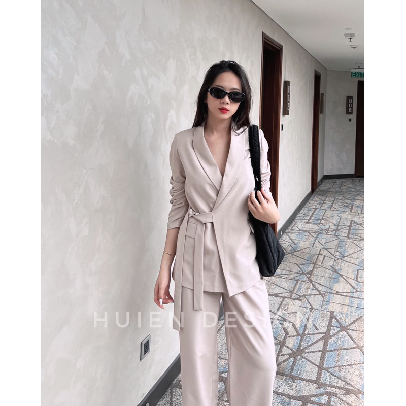 Áo blazer nữ 2 lớp dáng dài tay dài hàng thiết kế Huien Design kèm dây đai phong cách công sở, áo vest nữ form Hàn Quốc