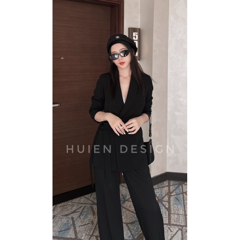 Áo blazer nữ 2 lớp dáng dài tay dài hàng thiết kế Huien Design kèm dây đai phong cách công sở, áo vest nữ form Hàn Quốc