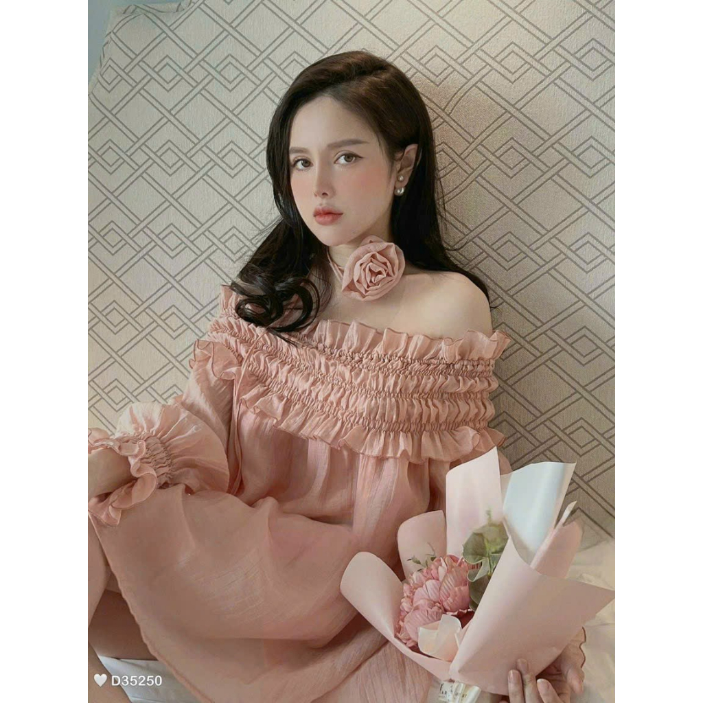 [HCM] Áo Tơ Gân Fom Dài Bẹt Vai Kềm Phụ Kiện Hoa Siêu Dể Thương