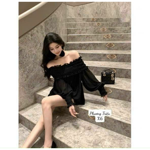 [HCM] Áo Tơ Gân Fom Dài Bẹt Vai Kềm Phụ Kiện Hoa Siêu Dể Thương