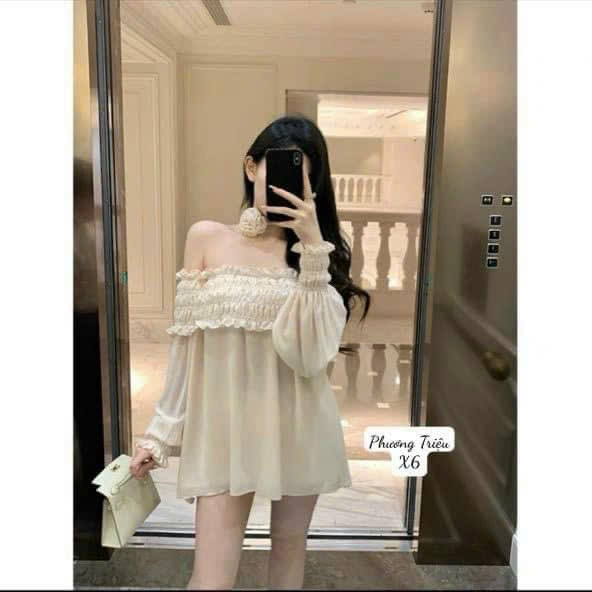 [HCM] Áo Tơ Gân Fom Dài Bẹt Vai Kềm Phụ Kiện Hoa Siêu Dể Thương