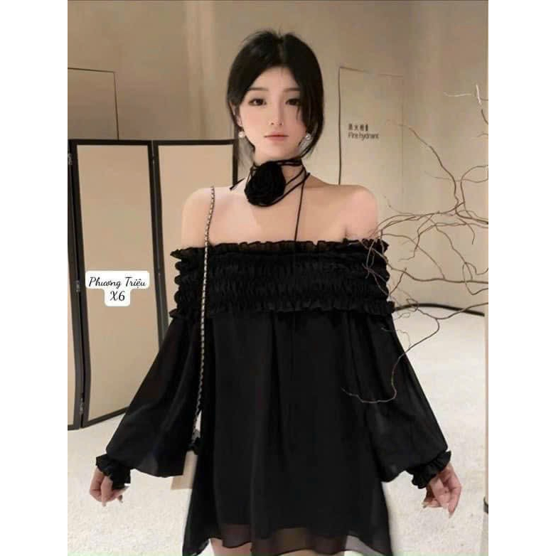 [HCM] Áo Tơ Gân Fom Dài Bẹt Vai Kềm Phụ Kiện Hoa Siêu Dể Thương