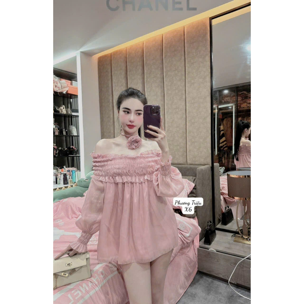 [HCM] Áo Tơ Gân Fom Dài Bẹt Vai Kềm Phụ Kiện Hoa Siêu Dể Thương