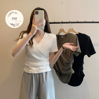 Áo Thun Ngắn Tay Nữ Cổ Chữ V Che Bụng 53-64kg Đuôi Tôm Vải Cotton Mát Mịn Quảng Châu Phong Cách Hàn Quốc