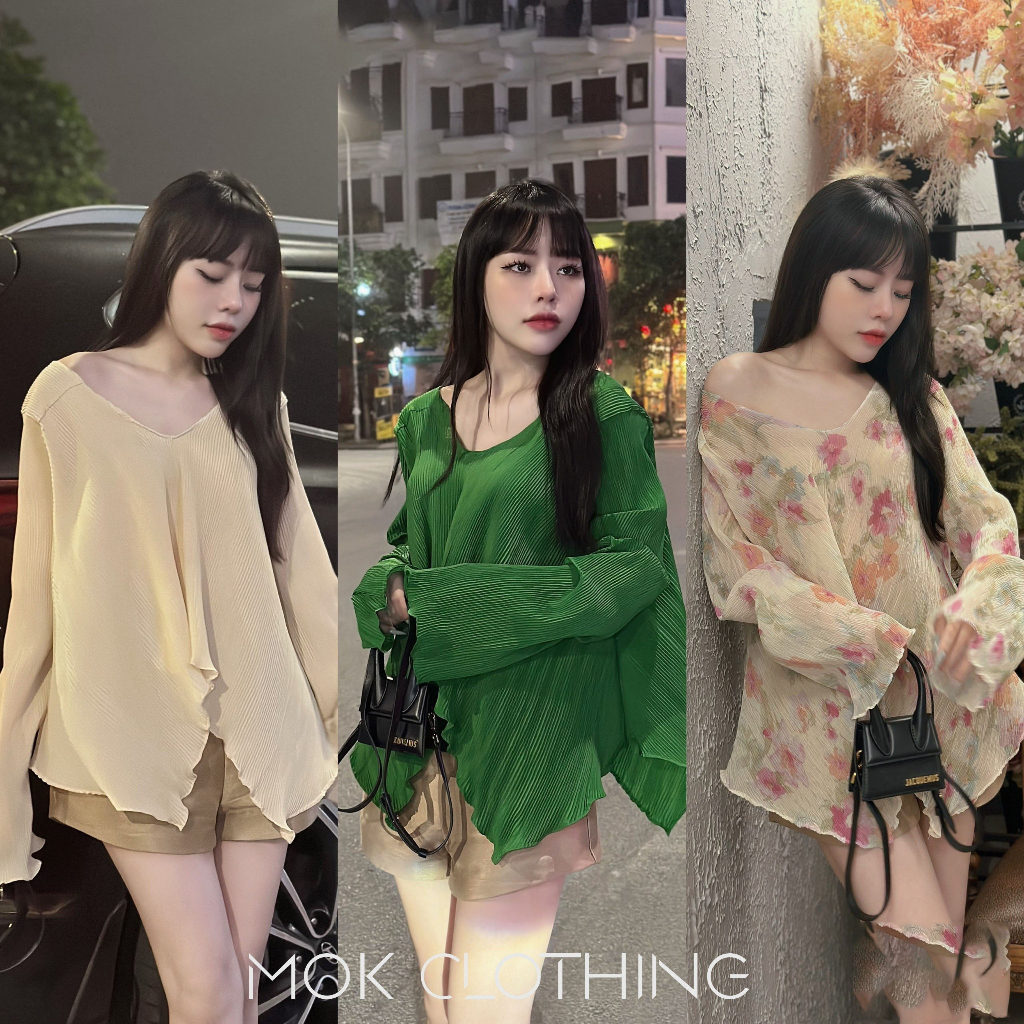 Áo nữ tay dài phồng vai lệch form rộng dáng xòe xẻ tà phong cách hàn quốc siêu trẻ trung cá tính hàng thiết kế cao cấp