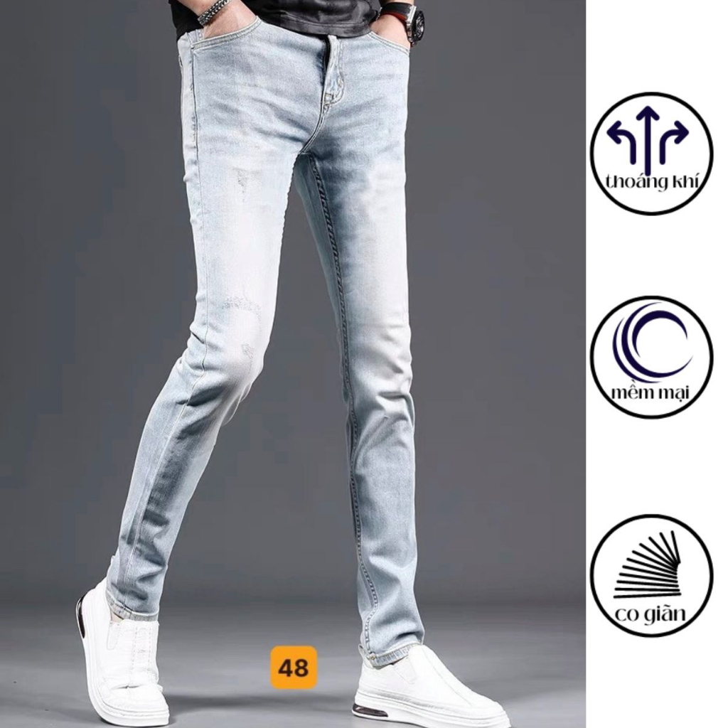 Quần jean nam màu xanh bạc, Quần bò nam xước óng côn dáng skinny