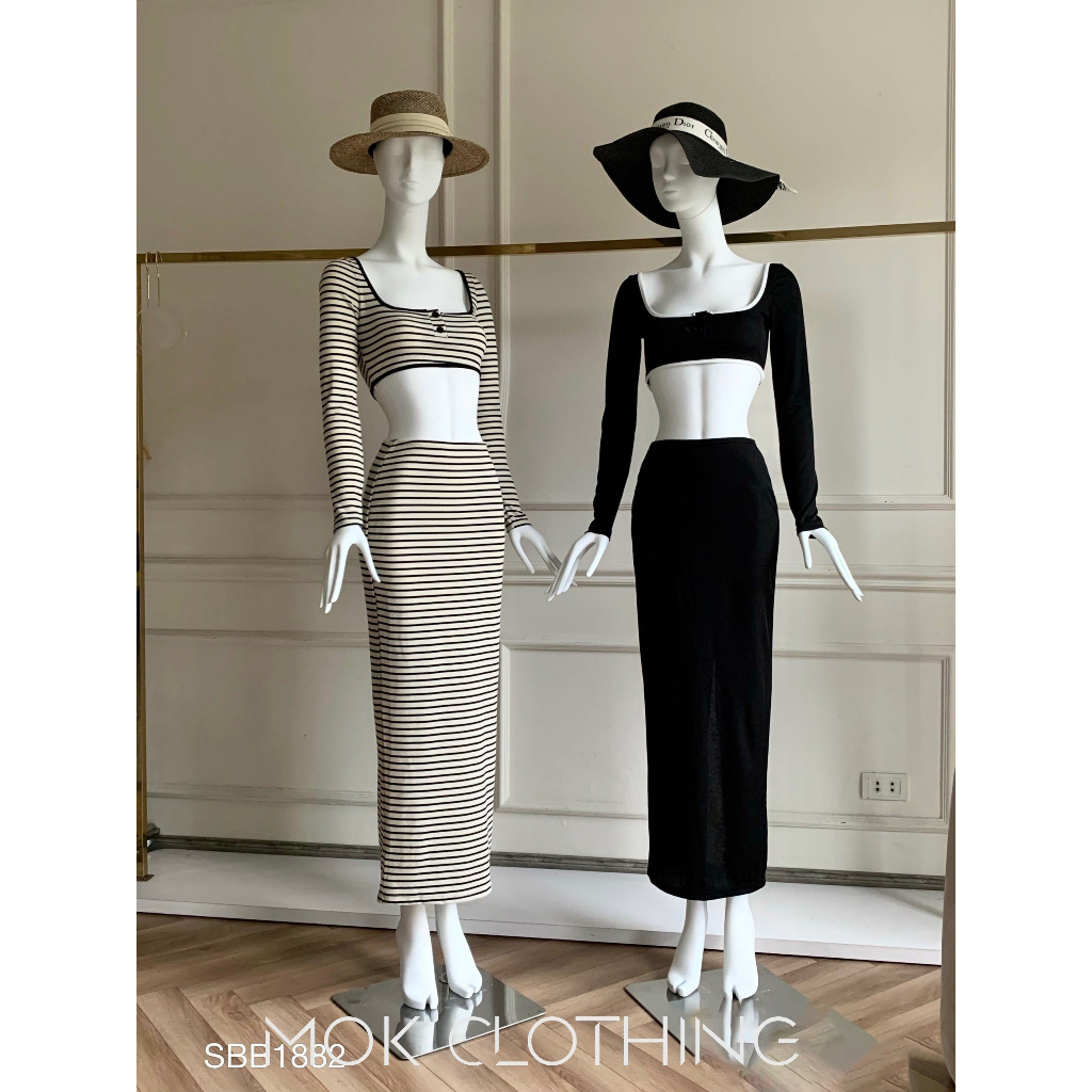 Set đồ nữ áo tay dài ôm cổ vuông croptop ngắn đính khuy phối chân váy dài đuôi cá kẻ sọc phong cách trẻ trung thoải mái